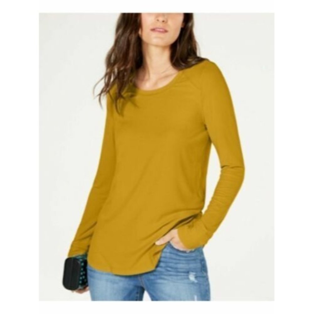 NWT INC Women's XS Polished Gold Yellow Ribbed Stretch Long Sleeve Top Tunic Tee